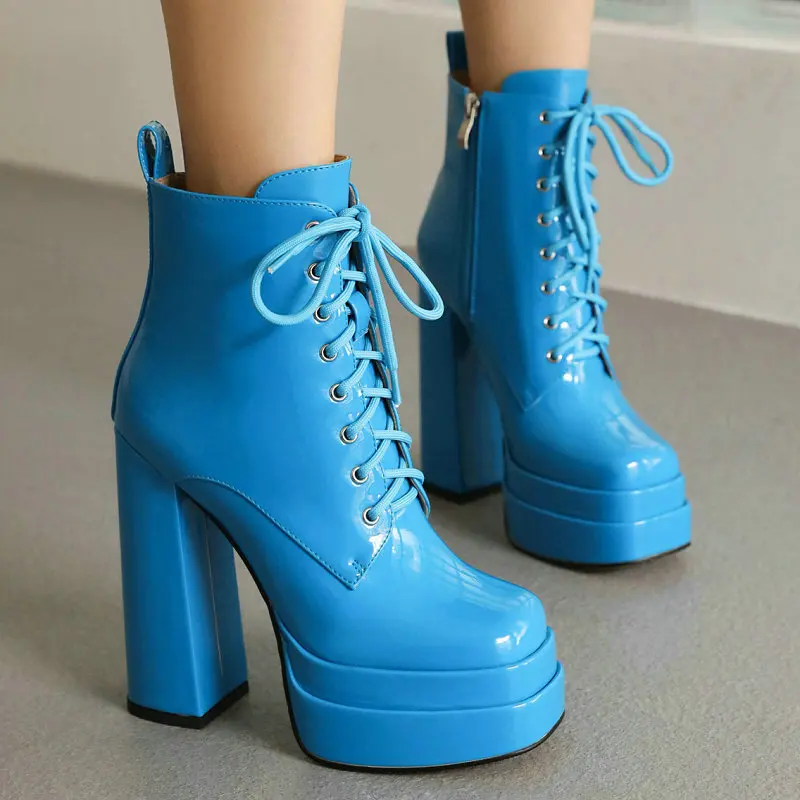 Charm Patent Leather Sky Blue Dark Purple Square Toe Lace-up Platform Fashion Women Shoes Block High Heels Ankle Modern Boots