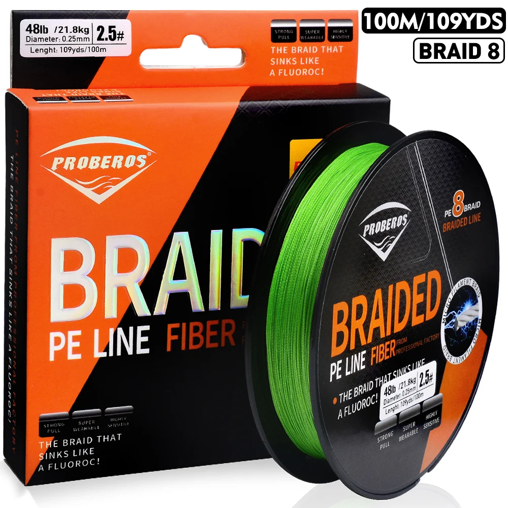 PROBEROS Ultra-Durable Braided Fishing Line - 8 Strands, 100m/109YDS, PE Multifilament Anti-Abrasion