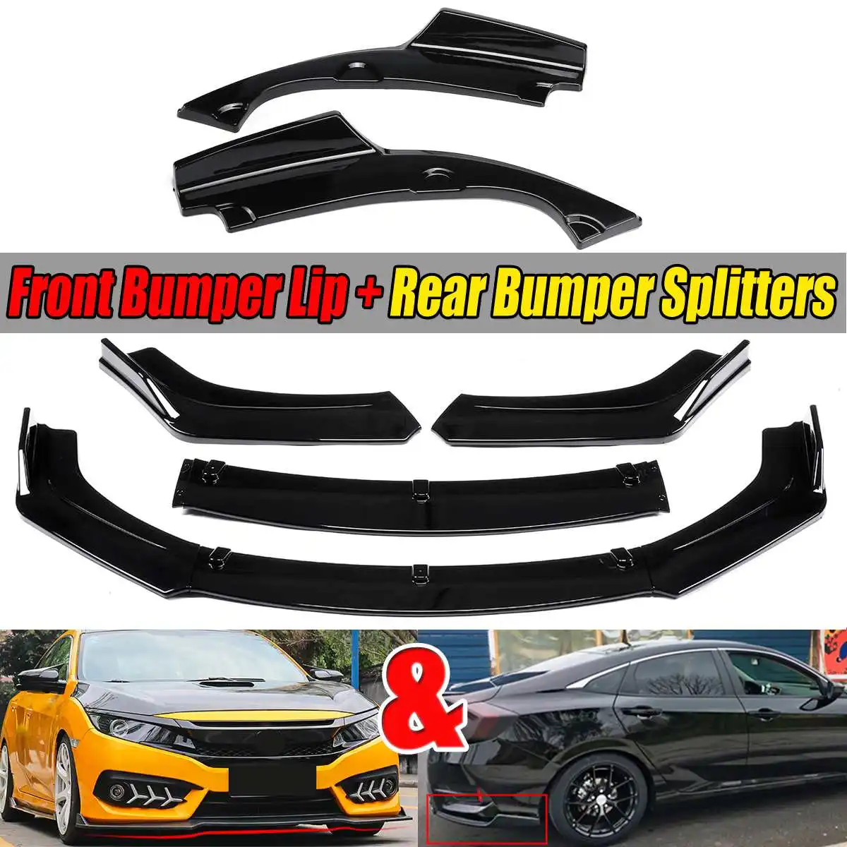 

Bright Black Car Front Bumper Splitter Lip+Rear Bumper Splitters Diffuser Spoiler For Honda For Civic Sedan 4Dr 2016 2017 2018