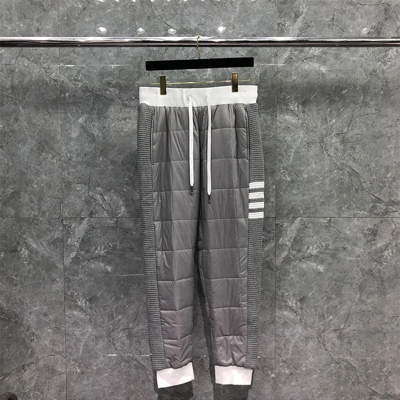 

Fashion Trousers Men's Winter Pants Side Edge White 4-Bar Stripe Diamond Lattice Sweatpant Cotton-Padded Patchwork Gray Pants