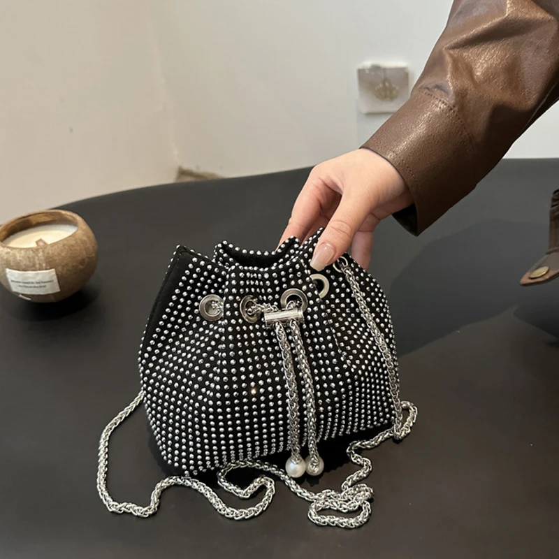 Portable Shiny Evening Banquet Bag Handbag Korean Style Drawstring Crossbody Bag Small Purse Mini Bucket Bag Women