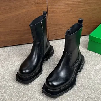 Mens Chelsea Boots Genuine Leather Mid-Calf ZIP Autumn Winter Warm Platform Boots