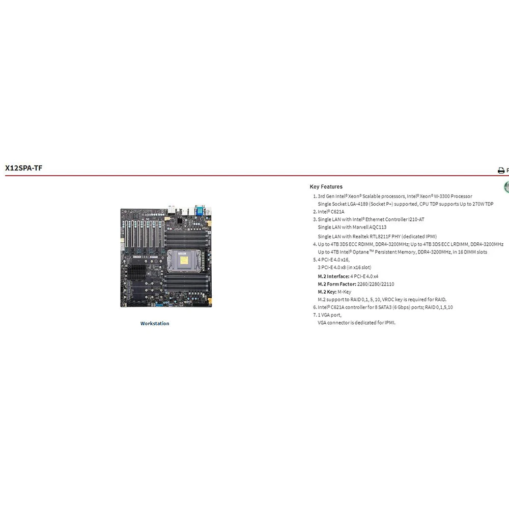 슈퍼마이크로 마더보드용 X12SPA-TF LGA-4189, DDR4 PCI-E4.0 3 세대 제온 확장 가능 프로세서, 제온 W-3300 프로세서