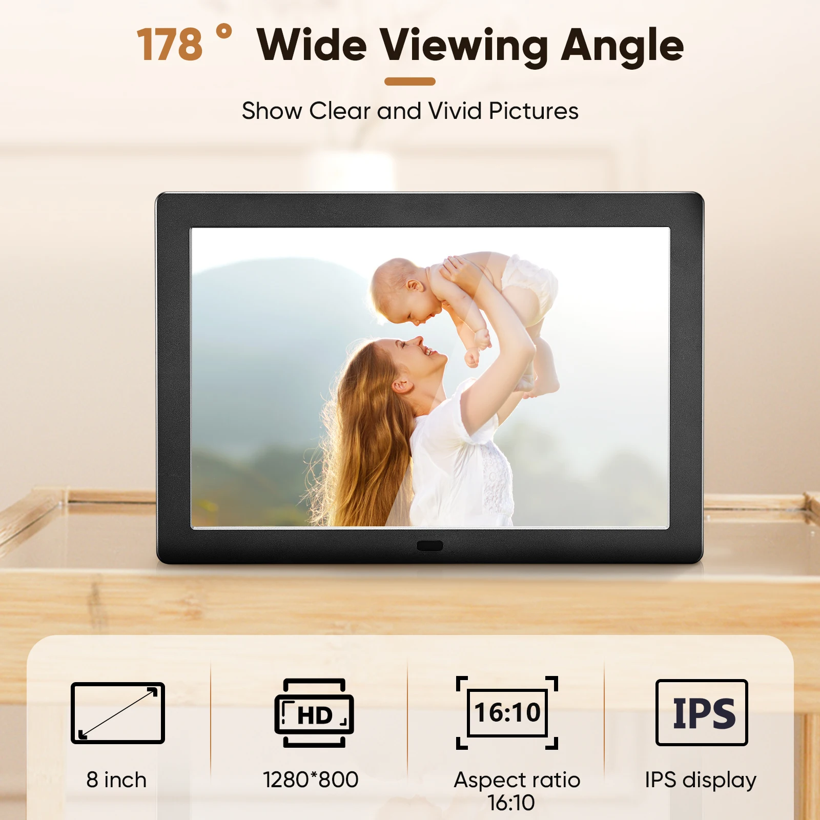 CNCBSR 8 inch Digital Photo Frame 1280*800 Desktop Electronic Album IPS Screen Support Photo/Video/Music/Clock/Calendar Function