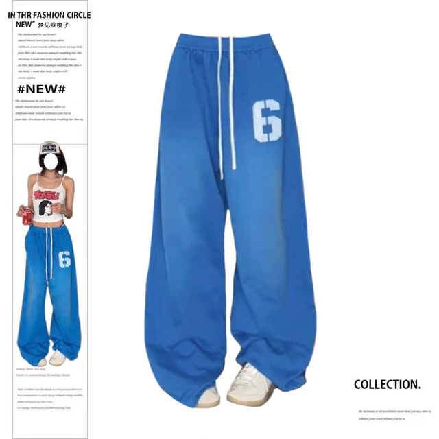 Women's Blue Baggy Pants Oversize Sweatpants Print Long