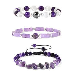 Amethyst Healing Stone Bracelet Trio for Wellness and Mindfulness (Amethyst-3PCS)