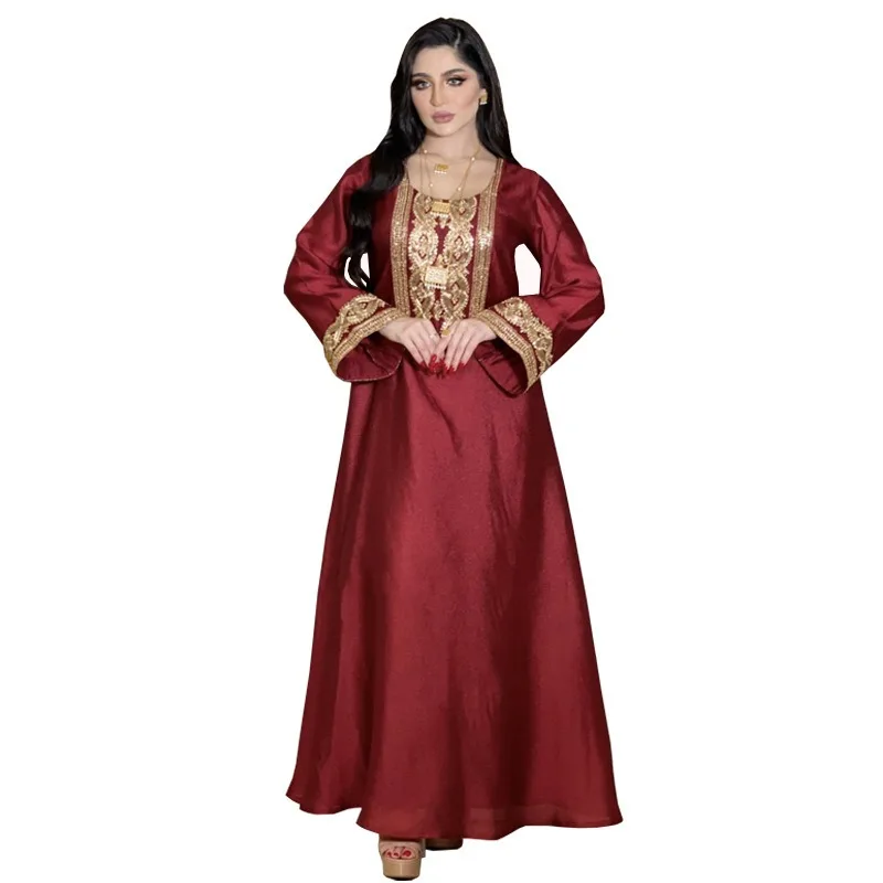 New Abaya Gold Silk Embroidered Sequins Middle East Muslim Robe Dress muslim dress women  kaftan  abaya dress
