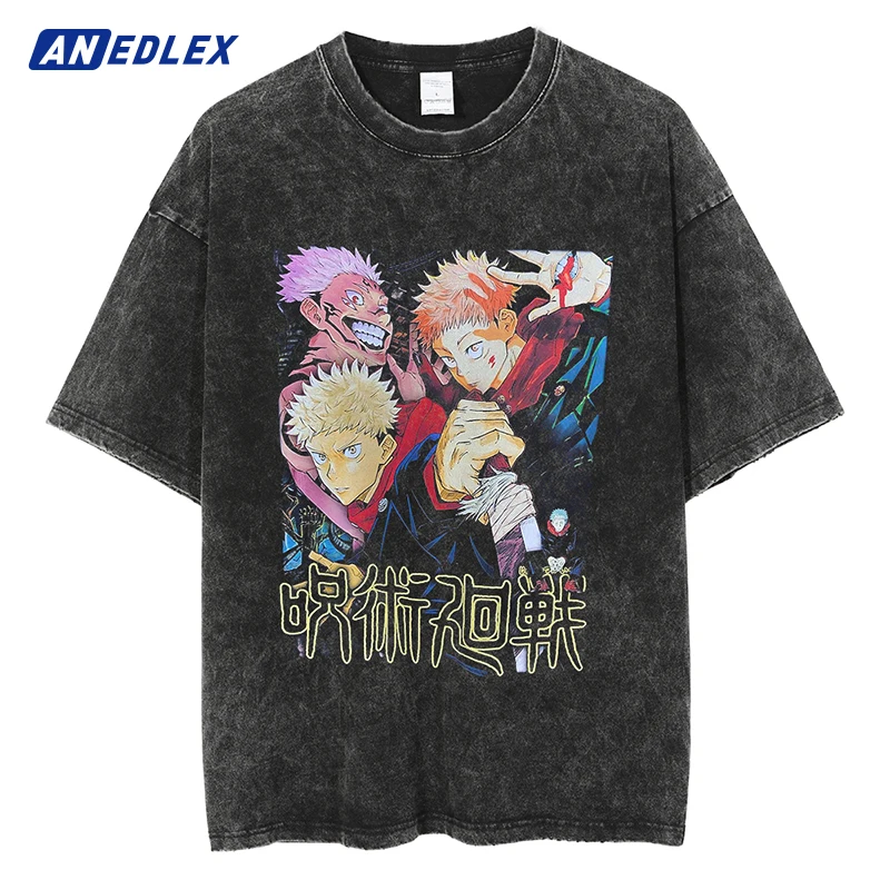 

Men Washed T Shirt Hip Hop Streetwear Japanese Anime Print Oversize T-Shirt Harajuku Cotton Summer Short Sleeve Tshirt Tops Tees