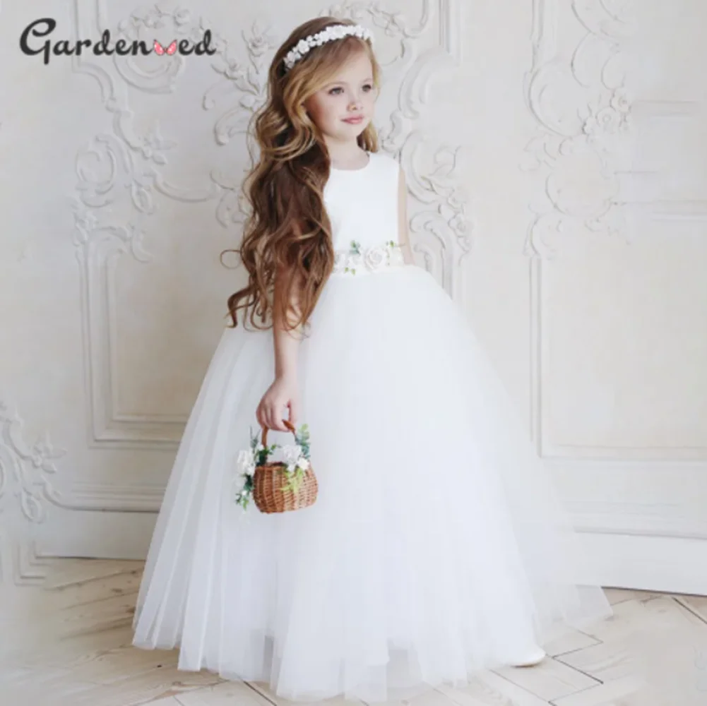 

Simple Ball Gown Flower Girl Dress Ivory Cute Tulle Baby Girls Party Dresses Sleveless Puffy Back Bow First Communion Dress