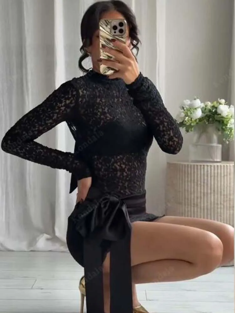 Chic Fashion Bow Splicing Lace Mini Skirts Two Piece Sets For Women 2025 New Bodysuits Top Women's Suits Elegant Woman Outfits ﻿
