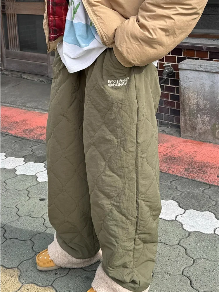 QWEEK Korean Fashion Cotton-Padded Pants Women Y2K Winter Warm Wide Leg Trousers Harajuku Wide Leg Patchwork Basic Brushed Pants