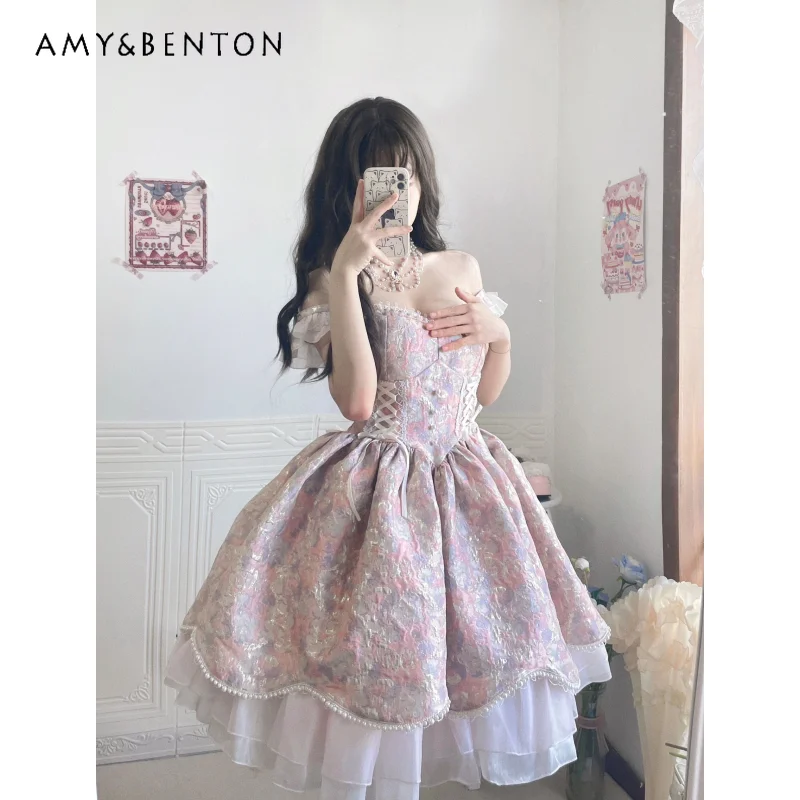 

Fashion Elegant Princess Ball Gown Dress Sweet Flying Sleeves Stitching Lace Up Slim Dress for Women High Sense Lolita Dresses