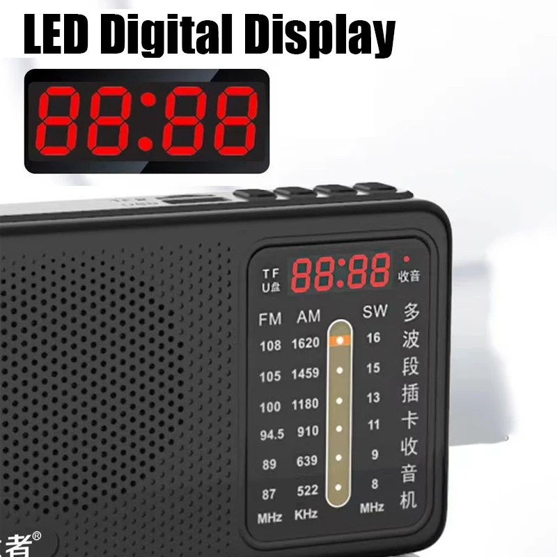 Portable Multi Band Radio Mini FM/AM/SW Receiver High Sensitivity Radio TF/USB MP3 Player with LED Digital Display/3.5mm Jack