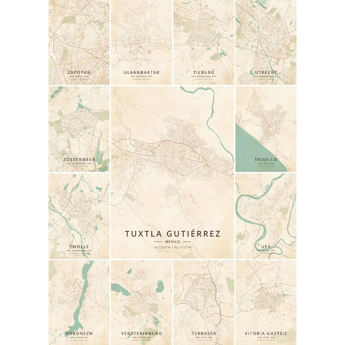 Tuxtla 구티에레스 멕시코 지도 포스터, 자연 여행 컬렉션, 벽 장식 인쇄