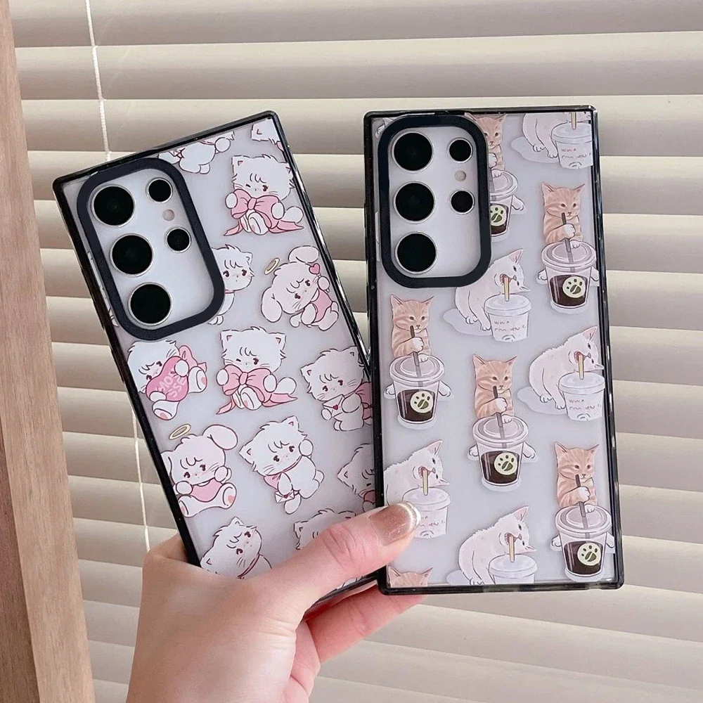 Cat Coffee Acrylic Black Border Case for Samsung Galaxy S22 S23 S24 Ultra S22+ S23+ S24 Plus Cover Protective Case