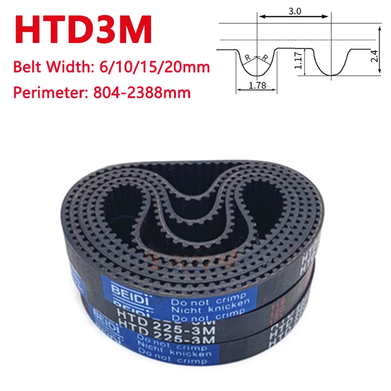 

HTD3M Timing Belt Rubber Closed Loop Synchronous Belt Arc Tooth Drive Belt Perimeter 804-2388mm Width 6mm 10mm 15mm 20mm 1Pc