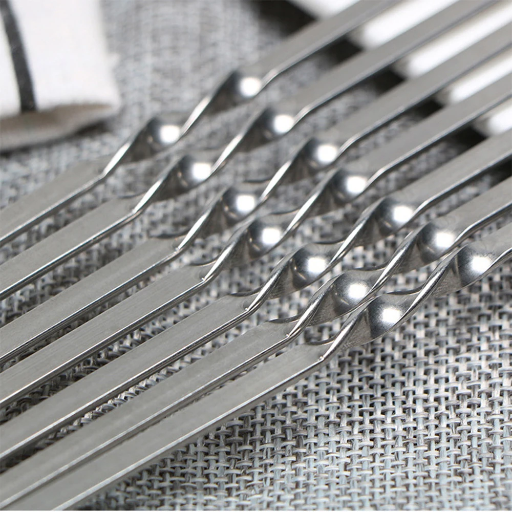 10pcs 38cm Stainless Steel Skewers Flat Meat BBQ Skewers Outdoor BBQ Barbecue Skewer Roasting Fork