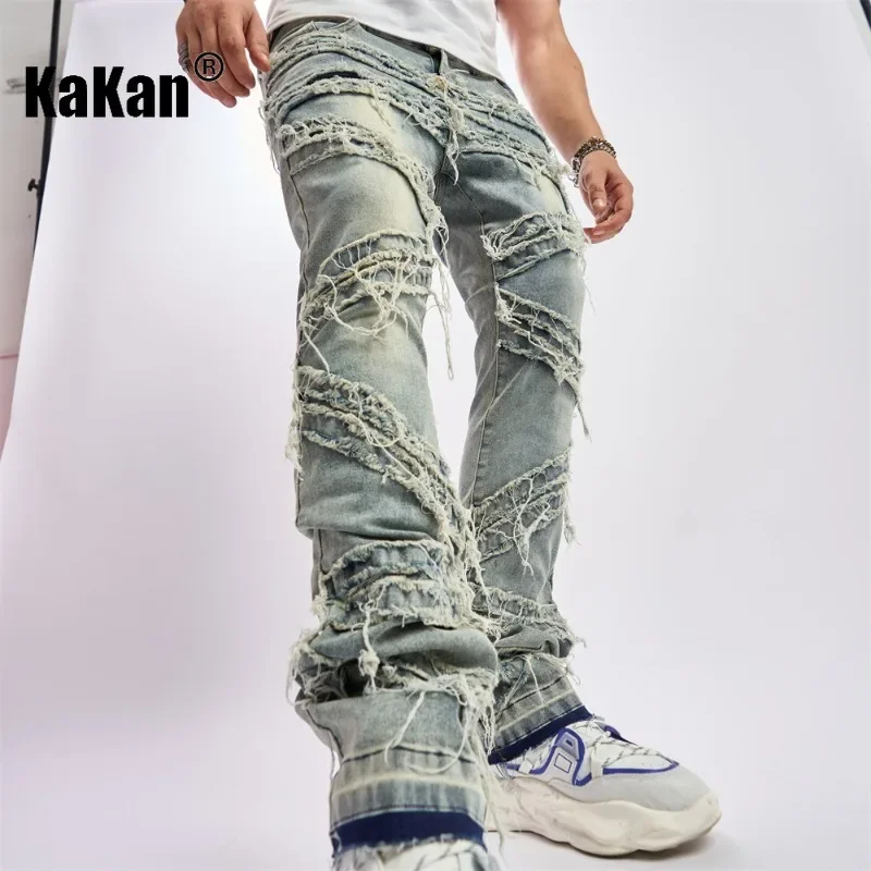 Kakan - New European and American Distressed Stitching Denim Jeans for Men's Wear, Wearing Out Hip-hop Pants K49-708