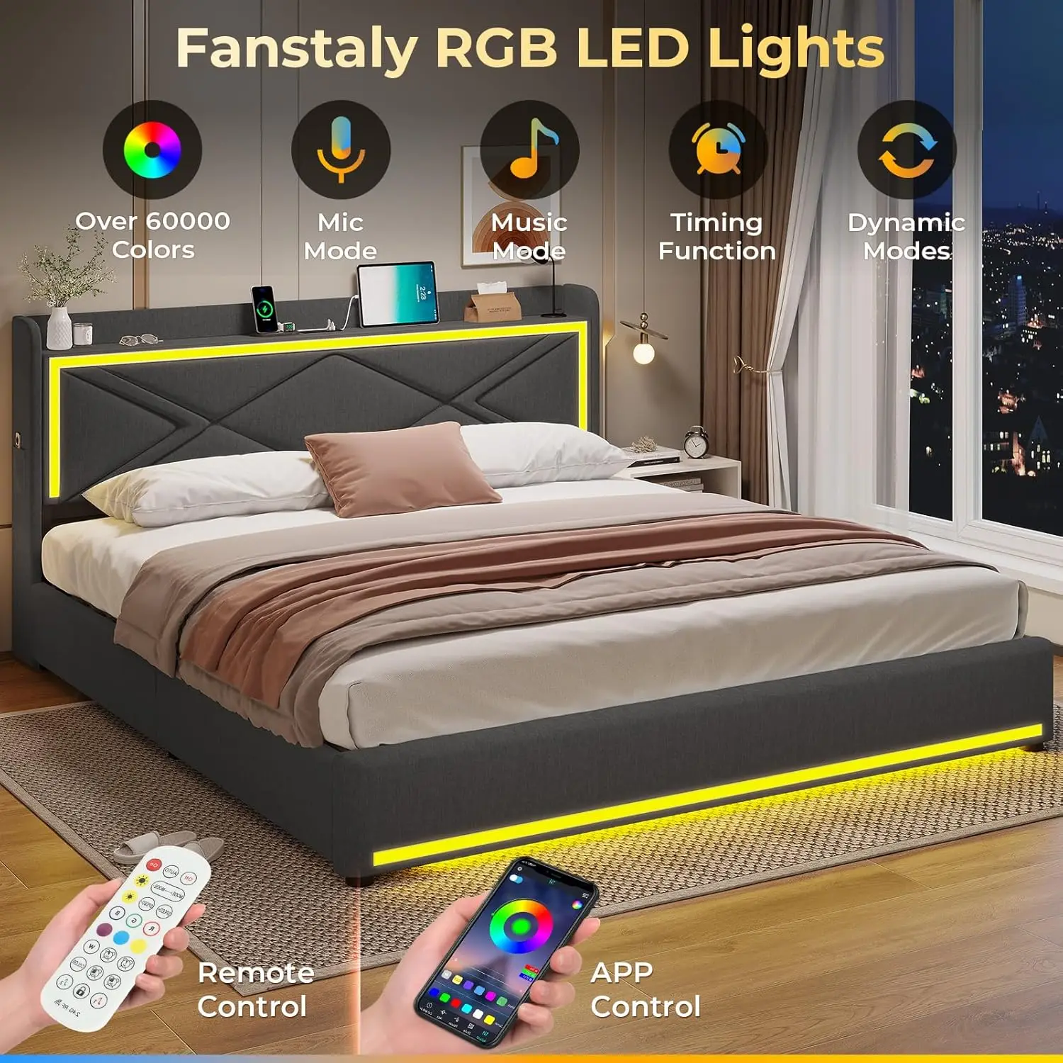 King Size LED Bed Frame with Storage Headboard and Charging Station, Upholstered King Platform Bed Frame Dark Grey 3
