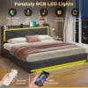 King Size LED Bed Frame with Storage Headboard and Charging Station, Upholstered King Platform Bed Frame Dark Grey 3