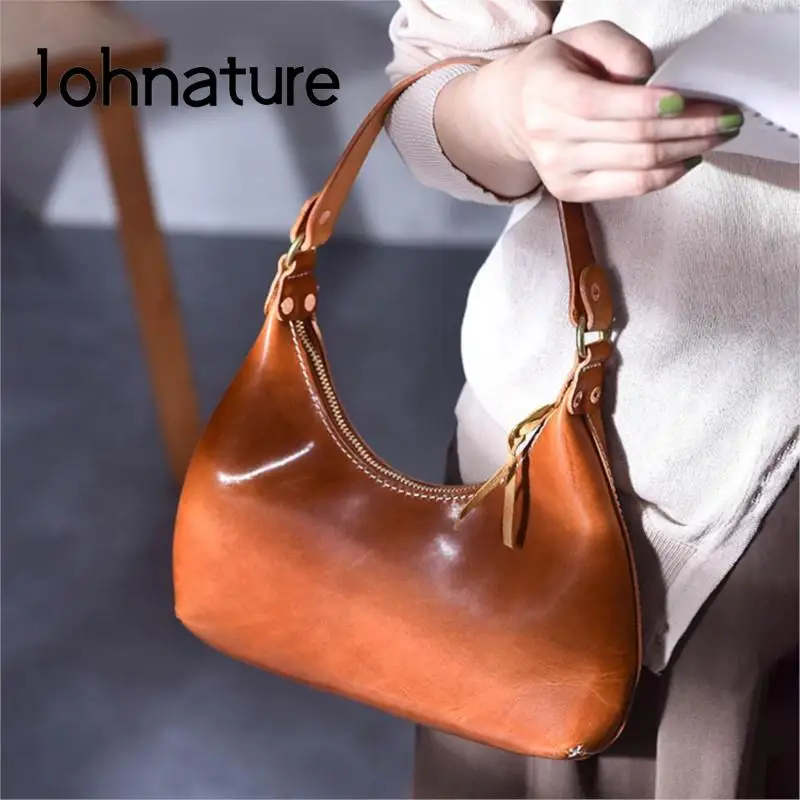

Johnature Japanese Retro Natural Real Cowhide Women Shoulder Bags 2023 New Genuine Leather Fashion Versatile Underarm Bag