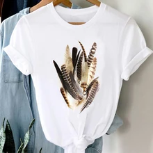 T-shirts Women 90s Feather Printing Cute Fashion Ladies Spring Summer Clothes Graphic Tshirt Top Lady Print Female Tee T-Shirt