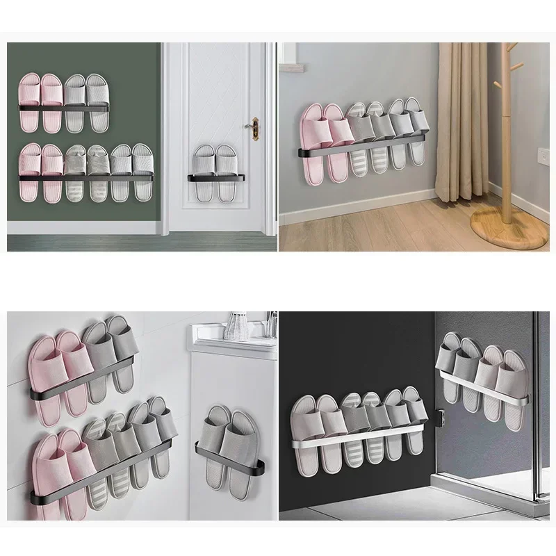 Free Punch Aluminum Slipper Rack Wall Mount Bathroom Bedroom Shoe Hanging Holder Organizer Toilet Wall Door Towel Storage Shelf 4