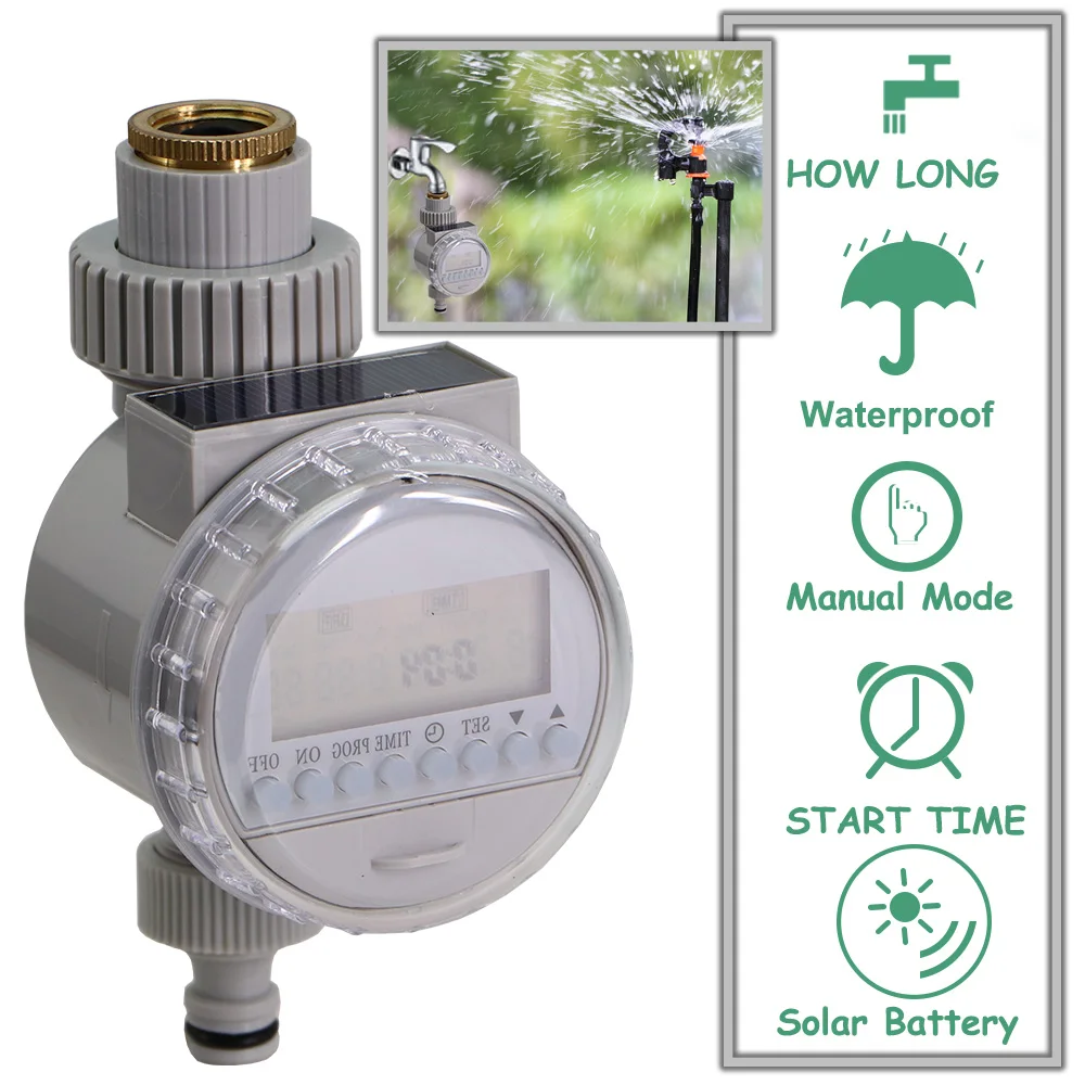 Graue Solarstrom-Wasser-Timer, Bewässerungs-Magnetventil-Controller, wasserdicht, energiesparend, zeitgesteuertes Gewächshaus-Bewässerungssystem