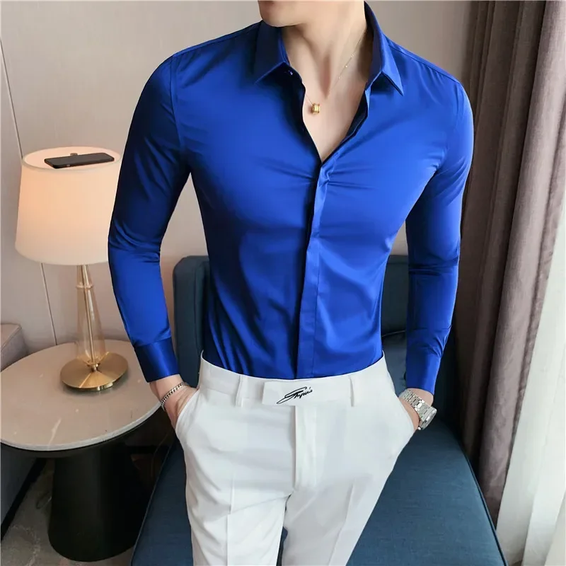 

8 Colors High Quality Men Dress Shirt 2022 Autumn Long Sleeve Solid Concealed Placket Shirts Men Business Slim Fit Social Shirt