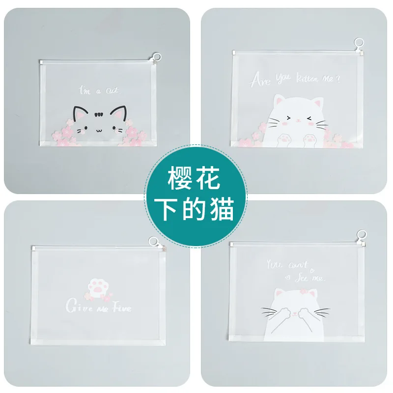 4pieces/set Of A4 Transparent Bags Folders File Jackets Snap On File Pockets Pink Sakura Pattern file bag