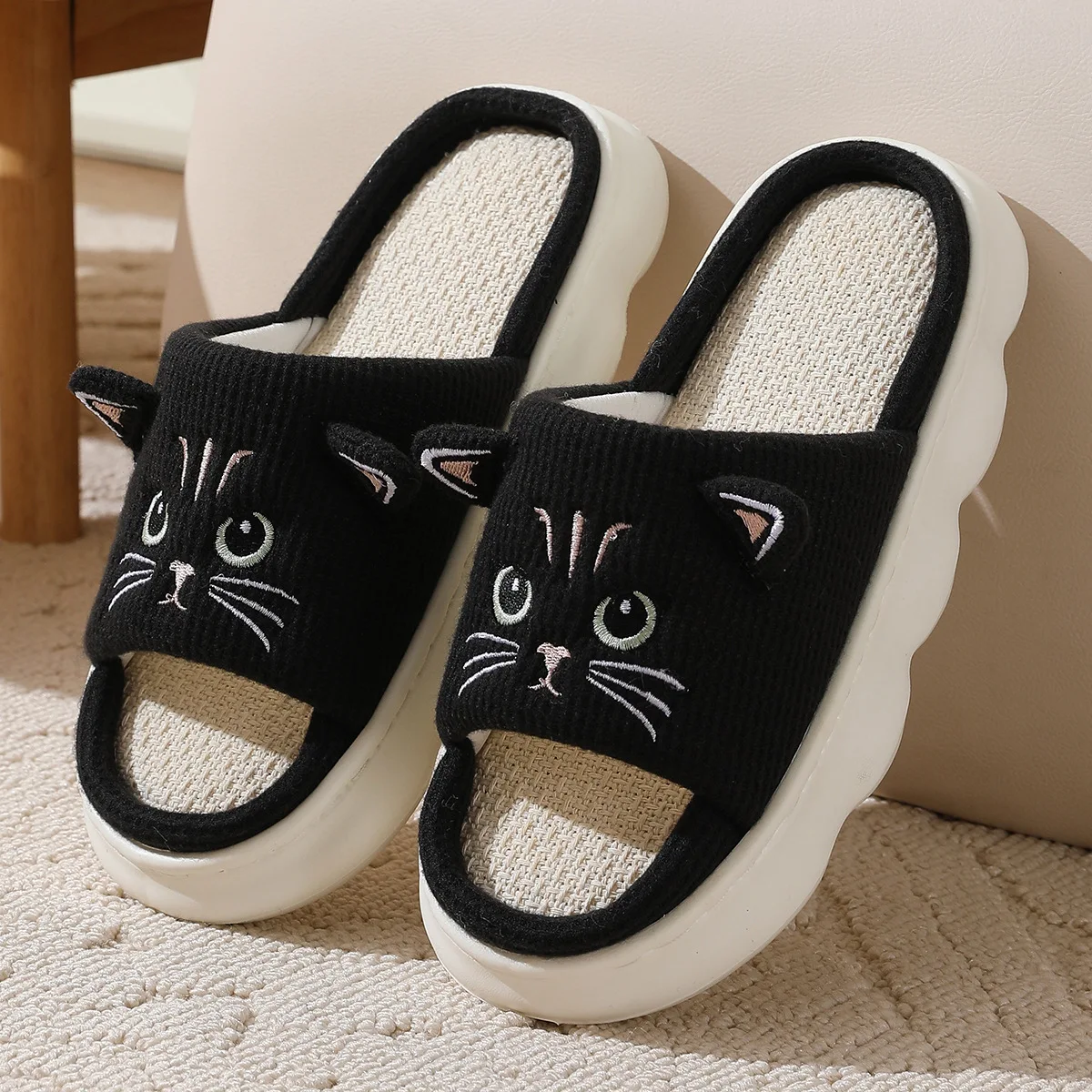 Smile 2024 Summer New Non-slip Breathable Sweat-absorbing Linen Slippers Women Thick-soled Four-season Cotton And Linen Slippers 3