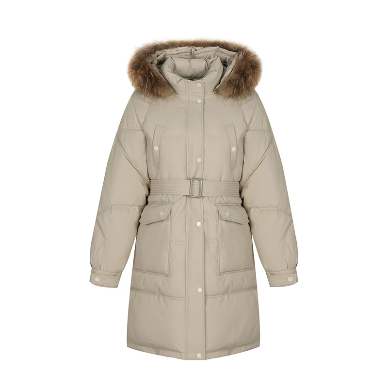 

Women Long Coat Belt 2023 Fashion Real Fur Hooded Cotton Padded Super Warm Parka Jacket Bear -35centigrade