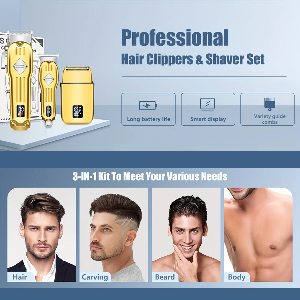 alt="A Professional Hair Clippers and Shaver Set, a 3 in1 Hair Cutting Grooming Kit.