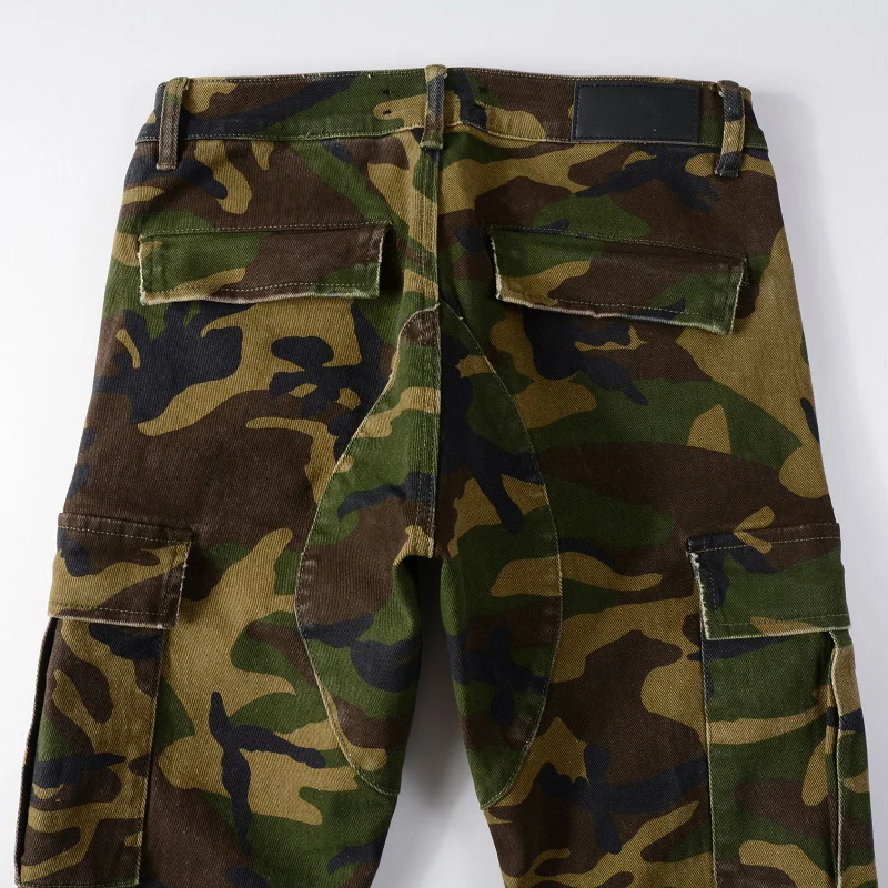 Camouflage Denim Jeans Pants Multiple Pockets Slim Fit Non Stretch Holes Ribs Patchwork Jeans Men