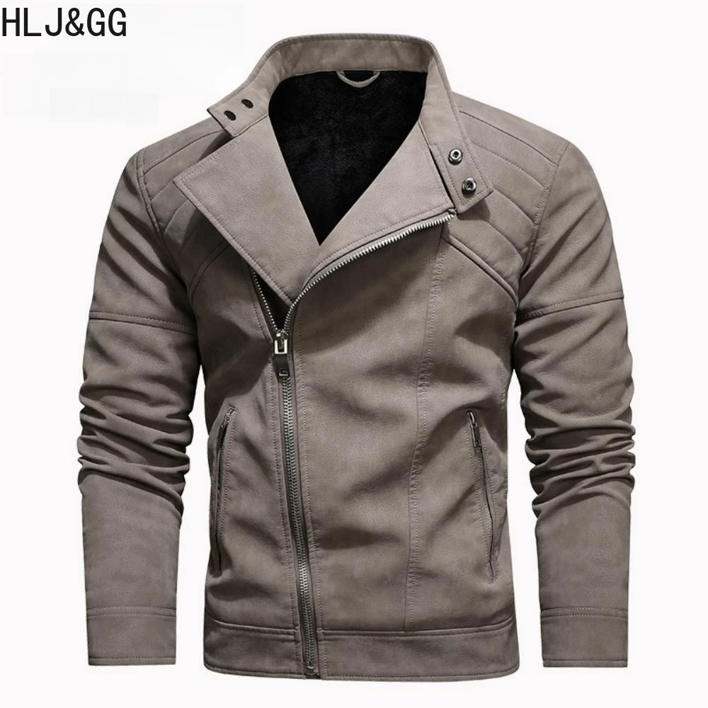 HLJ&GG Autumn Winter Men's Motorcycle Leather Jackets High Quality Warm Oblique Zipper PU Biker Moto Jackets Coats New Arrivals