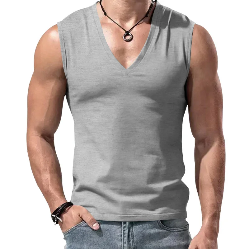 2025 sommer Komfortable Einfarbig V-ausschnitt Tank Tops Casual Atmungsaktive Ärmelloses T-Shirt Männer Sport Weste männer unterhemd Tops – Detail 33