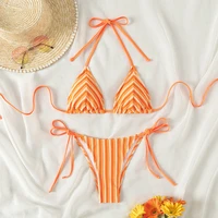 9 Colors New Towel Cloth Halter Neck Tie Up Striped Bikini Swimsuit For Women Summer Beach Vacation Low Waisted Swimwear 2024 5