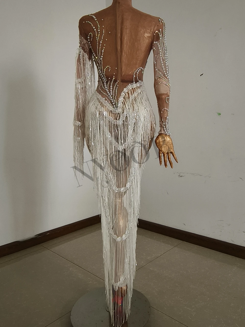Sparkly Rhinestones Sequins Fringes Birthday Celebrate Evening Dress Women Sexy Mesh Transparent Dance Costume Photo Shoot Wear 