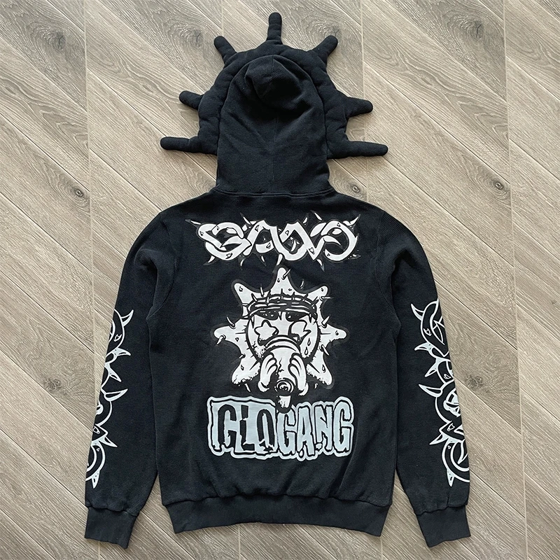 New Hip Hop Glo Gang Embroidered Hooded Sweatshirt Streetwear Zip