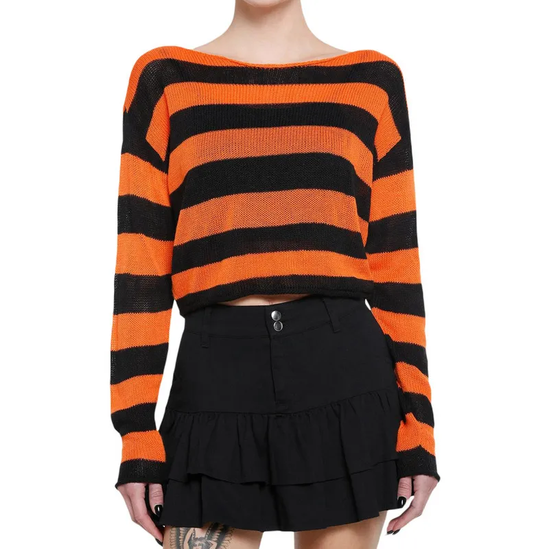 

Women Loose Knit Crop Sweater Spring Autumn Clothes Stripe Long Sleeve Boat Neck Pullovers Female Clothing y2k Streetwear