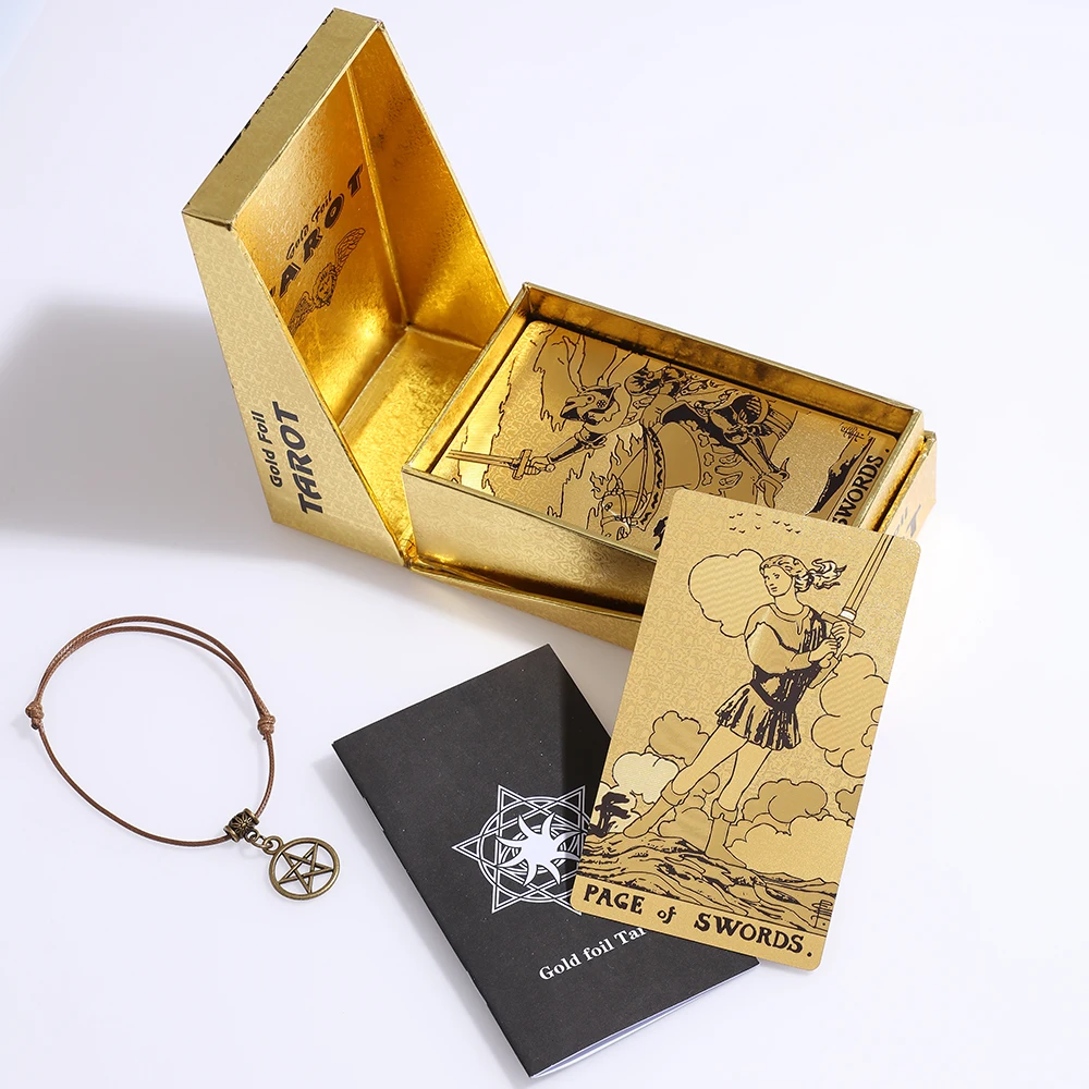 Golden Foil Tarot Mysterious Divination Golden Flip Table Game Waterproof and Wear-resistant Gift Box Luxury Instruction Manual 2022 hot design top quality gold foil big size tarot curious fantastic divination fate for beginner table game oracle card gift