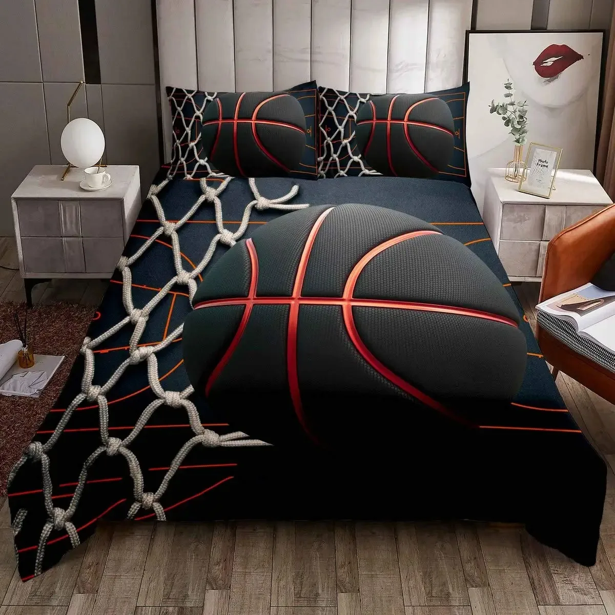 3D Cartoon Basketball Bedding Set for Boys - Polyester Duvet Cover, Bedspread, and Pillowcase Combo