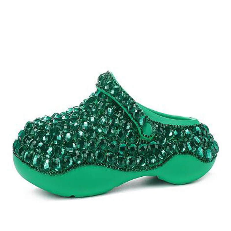 

Green Champagne Colorful Bling Crystal Rhinestone Diamond Round Closed Toe Thick Sole Slippers Girls Outdoor Beach Slide Shoes