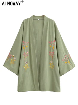 Vintage Chic Women Flowers and Bees Embroidery Bat Sleeve Beach Bohemian Kimono Dress Ladies V Neck Summer Boho Bikini Cover-ups 1