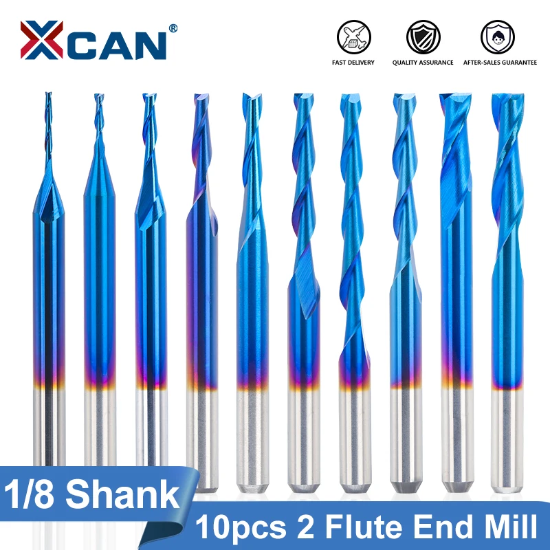 

XCAN Up Cut Router Bit 2 Flute 10pcs Flat Carbide End Mill Set 1/8(3.175mm) Shank Spiral Milling Cutter for CNC Tool