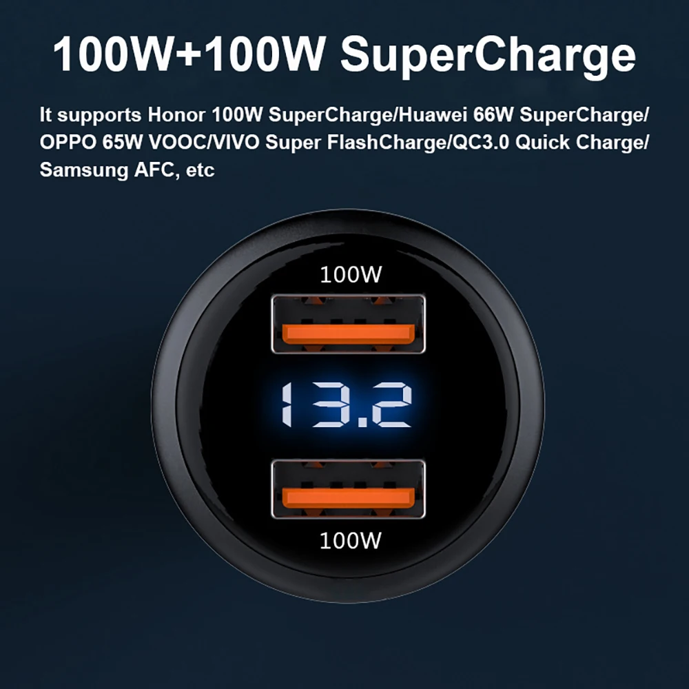 EONLIN Dual USB 200W USB Super VOOC Car Charger Voltage Display QC3.0 USB 100W 66W SuperCharge for Huawei Honor VIVO OPPO Xiaomi