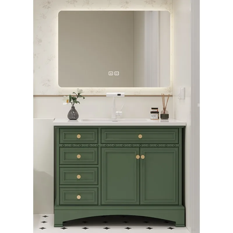 Solid wood paint dark green bathroom cabinet rock slab ceramic integrated basin floor-to-ceiling washstand