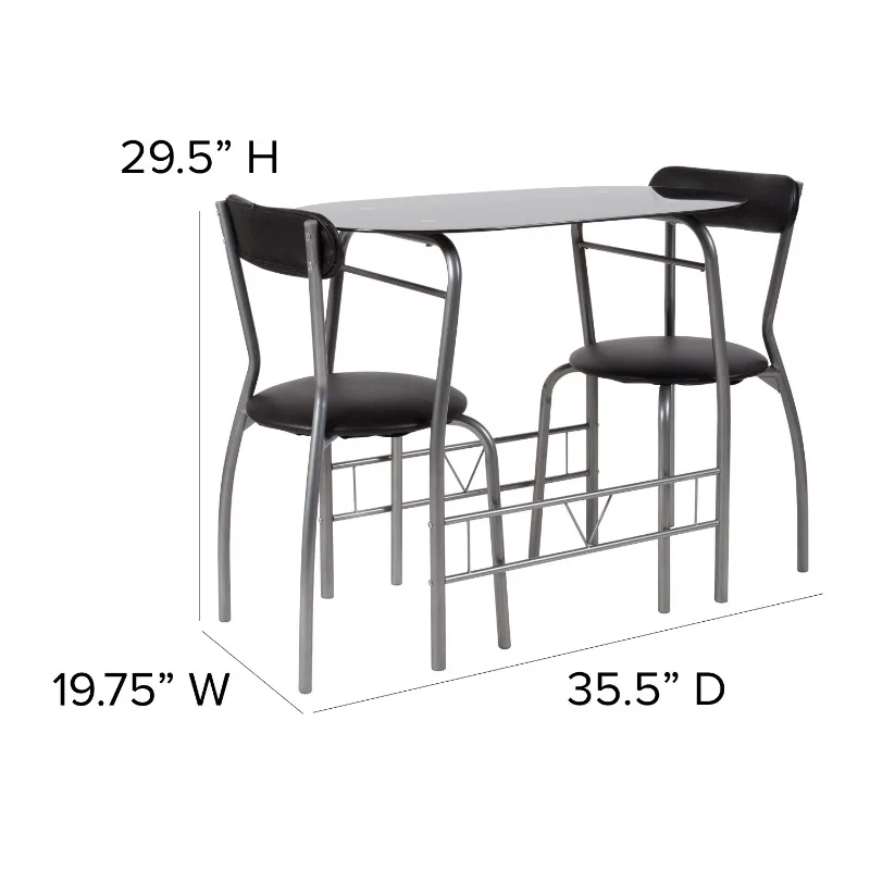 Sutton 3 Piece Space-Saver Bistro Set with Black Glass Top Table  Vinyl Padded Chairs 5