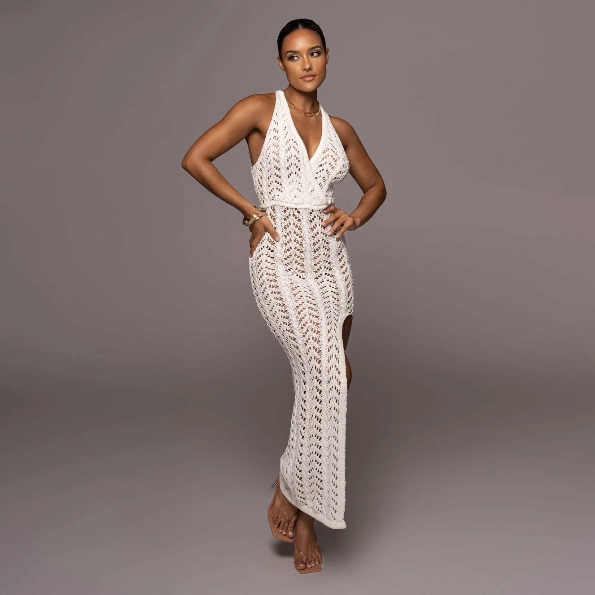 

Woman Sleeveless Knitted Midi dress Solid Color V Neck Backless Bandage Split Casual dress 3Color S-XL