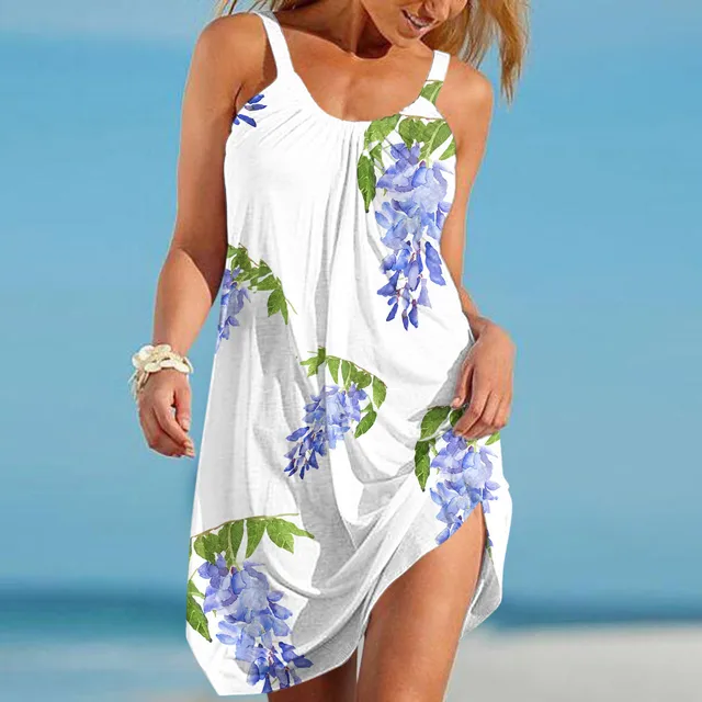 Summer Ladies Dress O-neck Floral Dress Bohemian Beach Dress Women Print Spaghetti Strap Sundress Casual Loose Пляжное Платье 3